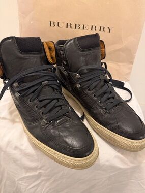 Burberry Black Leather High-Top Sneakers with Cream Soles